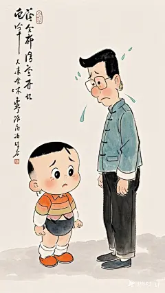 全景,水墨插画,极简主义，胖改的唐代可爱插画，（大头儿子哭着对小头爸爸说话）现代人物与古风工笔画结合，画风细腻成熟，独特的“大脸”风格，识别度高，人物讨喜又不失韵味，可爱的Q版唐代风俗画，干净纯色背景