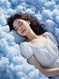 model sleeping in a bed that is full of white fluffy clouds, in the style of qian xuan, sky-blue, xiaofei yue, warmcore, li-core
