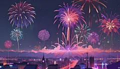 夜晚唯美紫色新年烟花插画AI数字艺术