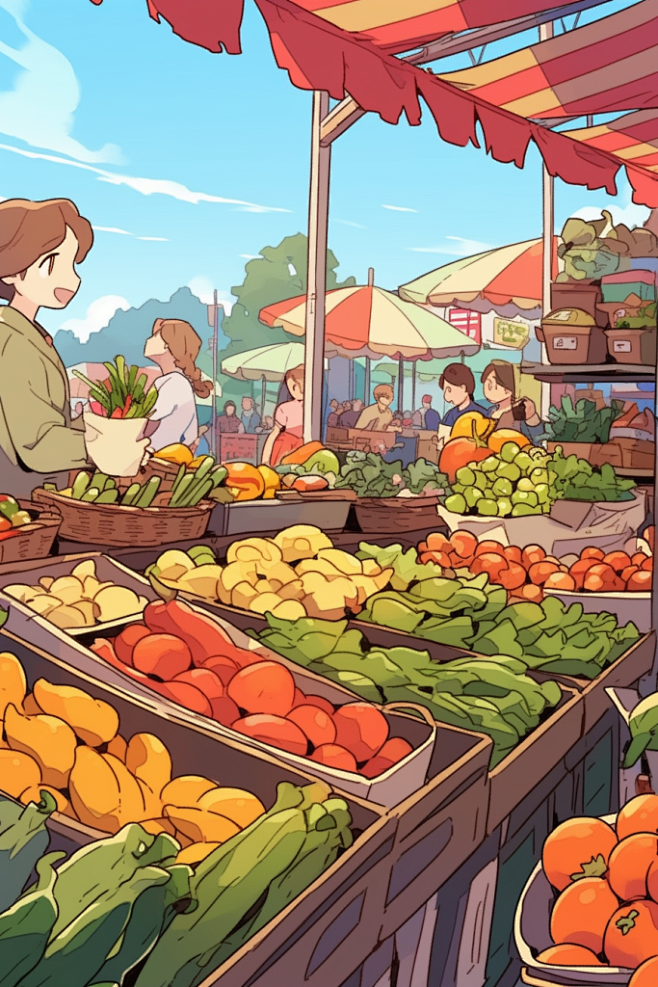 菜市场生鲜蔬菜市场线条插画