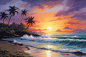 大海阳光夕阳油画风海边晚霞风景插画图片
