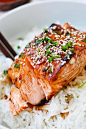 Honey Sriracha Salmon - easy, spicy, sweet, and savory, this glazed salmon recipe is awesome, from the SkinnyTaste cookbook | rasamalaysia.com