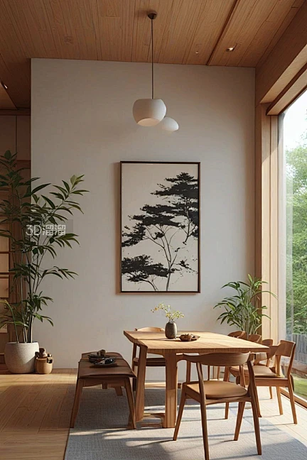 日式风格餐厅装修效果图实木餐桌椅原木色禅意茶室布置案例设计图-花瓣网