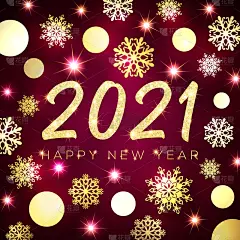 2021年贺卡设计快乐。金色纹理发光的圣诞圆球，雪花星星在暗红色的背景。金色新年庆祝横幅节日装饰矢量