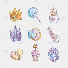 套装公主和小女孩可爱的时尚偶像。可爱的矢量组手绘公主元素-皇冠，棒棒糖，水晶，甜甜圈，星星，心，蛋糕