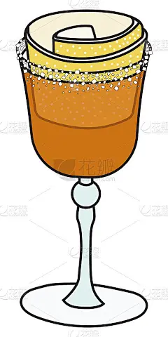 白兰地克鲁斯塔经典官方鸡尾酒配鞋匠玻璃杯，难忘类别。用柠檬皮和糖圈装饰的橘色酒精饮料。时尚的涂鸦卡通
