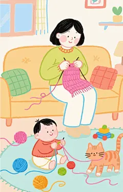 手绘居家织毛衣插画