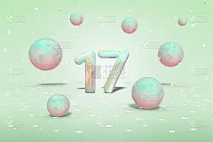在全息设计的第17号，飞行闪亮的球霓虹蓝色，粉红色和金色的五彩纸屑在浅绿色的背景，17岁生日贺卡，3