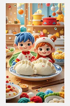 立冬海报设计羊毛毡3D卡通餐盘上