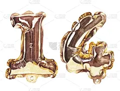 水彩金色气球数字，1和4数字，孤立在白色背景。手绘写实插图。