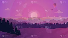 自然景观，日落场景，在大自然的山脉和森林，树木的剪影。徒步旅游。冒险。极简主义的图形传单。多边形平面