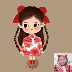 以女儿为原型的插画，这是过年给她打扮的新年装。5岁6个月