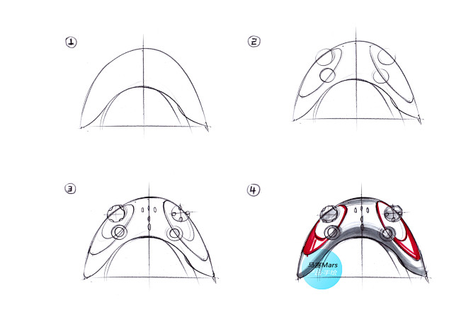 工业设计手绘效果游戏手柄产品设计手绘步骤图马克笔效果图手绘线稿