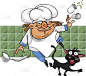 失败的卡通厨师绊倒了黑猫，丢了盐