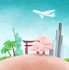 沙滩尽头有建筑树木和飞机 环游世界插画

五一劳动节，国庆节插画，51，插图，沙滩，节日插图，卡通，樱花树，椰子树，自由女神像，古建筑，
飞机，现代建筑，蓝天白云，春天，旅行，旅游，环游世界，夏天，度假，野营，飞机，
客机，飞行，全球化，出国，漫游，草丛，没有人物的，数字
