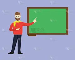 年轻的男老师在黑板上写字。教育理念旗帜、图形、矢量