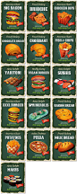 16张复古美式手绘美食菜单快餐厅汉堡蛋糕面包插画海报素材模板设计