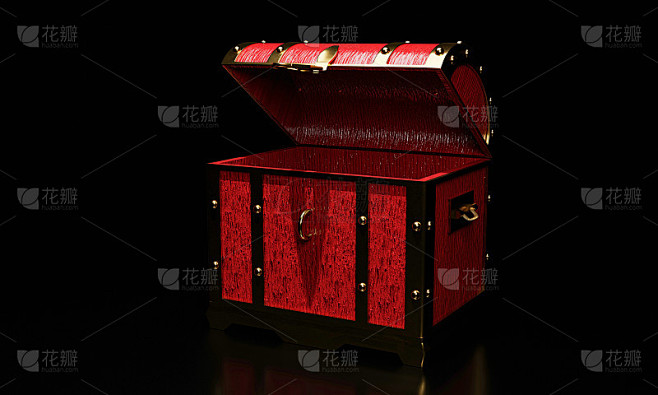 宝箱或复古宝箱由红色漆木和金色金属制成。放置在黑色的地板和背景。3 d渲染。