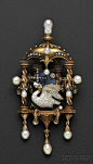 Renaissance Revival Gold, Enamel, and Diamond Architectural-style Pendant, depicting an enamel swan wrapping its neck around a rose-cut diamond cross, the blue enamel ground with rose-cut diamond sun, all within a tabernacle-form mount bordered by twisted