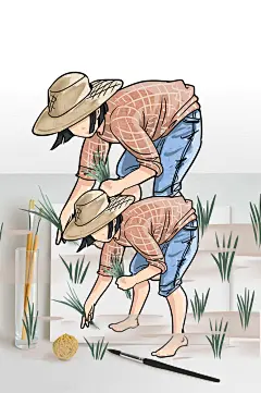 芒种时节插秧小女孩场景插画