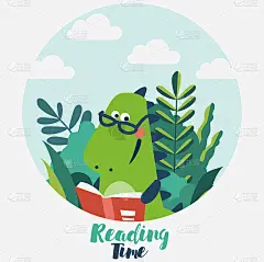 可爱的恐龙在花园里看书。有趣的霸王龙在公园里放松