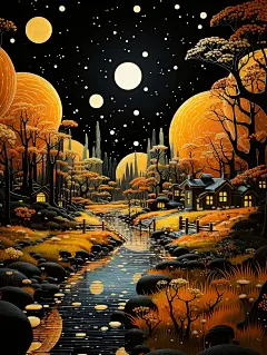 富有想象力的奇幻风景插画海报金黄色