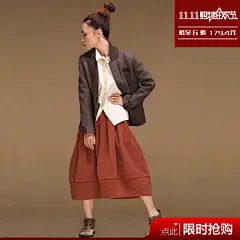 原创设计品牌女装 原时 肌理感棉麻砖红色花苞裙 春秋长裙 苇秀 新款 2013