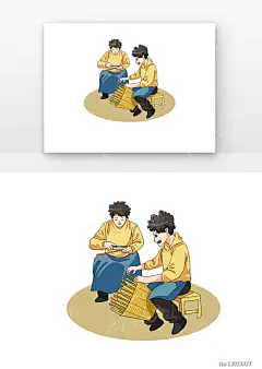 双人编制竹篓卡通漫画