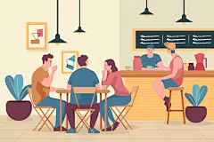 感恩节朋友聚会咖啡店奶茶店扁平原创插画