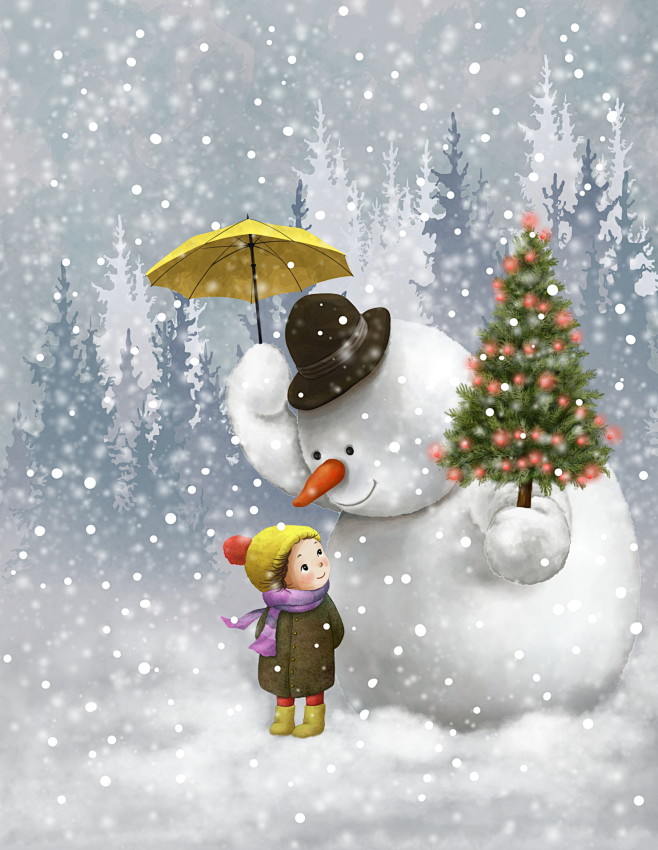 雨伞 圣诞树 雪花 小女孩和大雪人 冬季...