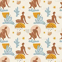 抽象当代手绘无缝图案与女性，有机形状，叶米色背景。