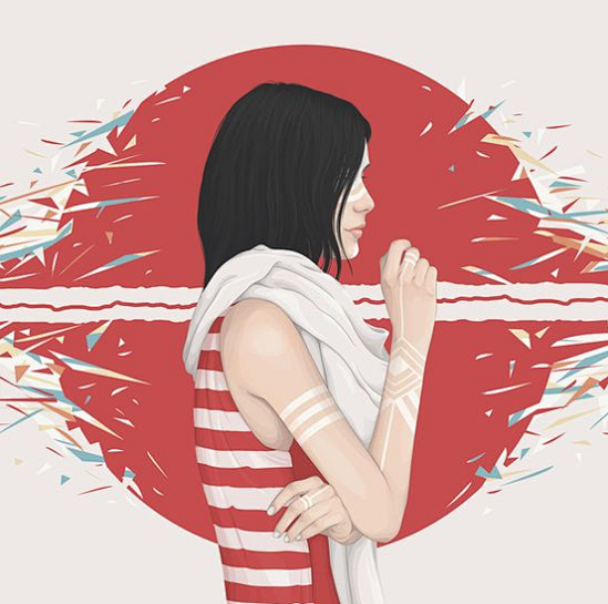 手绘插画女生头像红色莫兰迪色女生侧身侧脸条纹衫半身像彩色