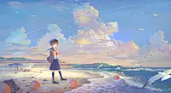 动漫2562x1399动漫女孩风景学校制服天空云海滩moescape原始人物岸