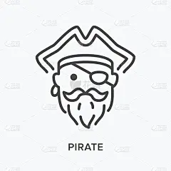 海盗头的直线图标。矢量轮廓插图的船长在帽子与眼罩，胡子和胡子。水手细线形象形