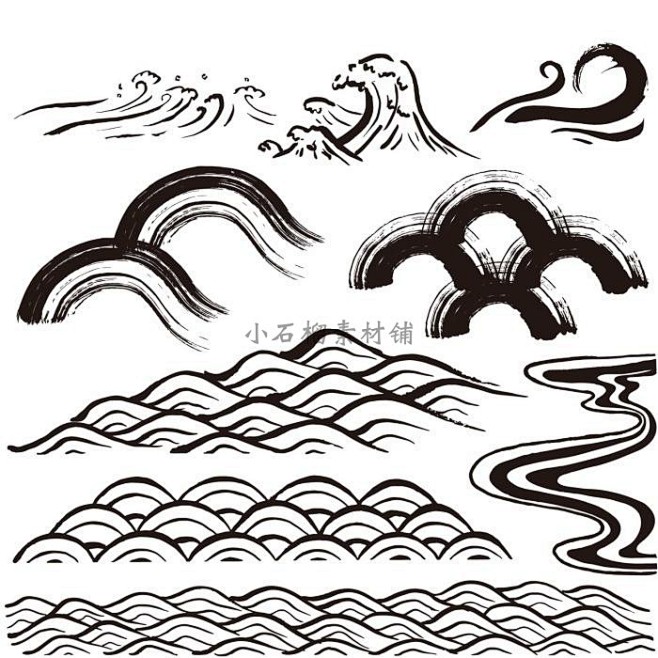 中式古风日式古典水波海浪传统水墨波纹图案...