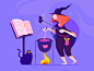 The Witch's Live Broadcast cook magic paper phone fire witch book soup love woman girl kitty cat kitten people website web ui character illustration