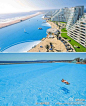【世界最大的游泳池】位于智利南部，毗邻大海，使用的是自然流通的海水，但却能比海水温暖9摄氏度，夏天温度可保持在26摄氏度，清澈蔚蓝的池水能见度达35米，人们置身其中会感觉非常舒适，让人心旷神怡。