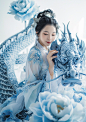 surrealistic photography,close up,a chinese girl sits on a blue-and-white porcelain dragon,18 years old, smile,wearing a gorgeous hanfu,blue and white porcelain dragon,dream scene,grand scene,Lots of celadon peonies in the backgroundminimalism,chinese dra