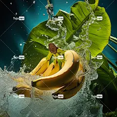 热带雨林背景下香蕉和水的商业广告照片，冰块海报