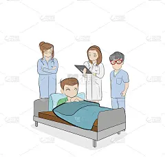 医学的阴谋。医生陪着病人站在床边。会议上治疗。矢量插图。