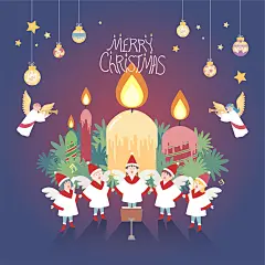 圣诞挂铃 绿枝蜡烛 天使吹号 歌唱圣诗 圣诞插图插画设计AI ti441a1212