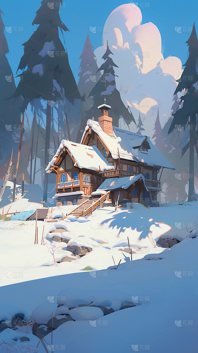 冬季冬天卡通感插画雪景场景背景图片素材