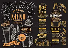 餐馆的啤酒菜单。设计模板与手绘图形插图。矢量饮料传单的酒吧。