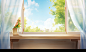 open window in the day time with white curtains, wooden wall and, in the style of motion blur panorama, tranquil gardenscapes, 32k uhd, light amber and sky-blue, lively tableaus, studyplace, misty atmosphere