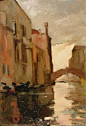 John Singer Sargent (American, Impressionism, 1856–1925): Venetian Canal. Oil on wood, 13 x 8-1/2 inches (33.02 x 21.59 cm). Mattatuck Museum, Waterbury, Connecticut, USA: 