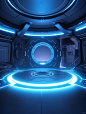 The Stage of Science Fiction , futuristic living room with a circular domeshaped spaceship inside and spaceships in the background., in the style of dark azure and light aquamarine, industrial machinery aesthetics, creative commons attribution, hd, minima