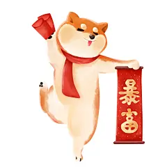 戴着围巾的柴犬拿着红包和春联 春节插画柴犬，狗狗，萌宠，红包，春联，春节，喜庆的，插画，插图，手绘，毛茸茸的，跳舞，快乐，开心的，喜悦，哺乳动物，拟人，中国风，传统的，白底素材，发财，暴富，祝福，小年，大年，除夕，十二生肖，狗年，拜年，可爱的，日本柴犬，节日，