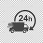 交付24小时卡车与时钟矢量插图。24小时快速送货服务送货图标。简单的平面象形图用于商业、营销或移动应