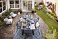 Overhead view of an elaborate table set up in the center of the outdoor courtyard.