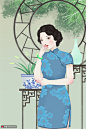 清新色彩手绘旗袍时髦美女民国人物插画 民俗民风 中国风